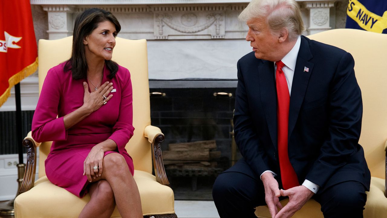 President Donald Trump meets with outgoing U.S. Ambassador to the United Nations Nikki Haley in the Oval Office of the White House, Tuesday, Oct. 9, 2018, in Washington. (AP Photo/Evan Vucci)