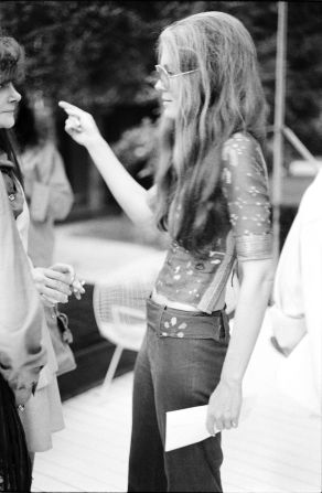 Activist Gloria Steinem speaking with activist Barbara Seaman at a bra-burning event in East Hampton, New York.   