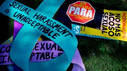 Signs used by McDonald's employees and other fast food chain workers to protest against sexual harassment in the workplace are displayed on the ground on September 18, 2018 in Chicago, Illinois. - McDonald's workers in 10 US cities staged a one-day strike Tuesday inspired by the #MeToo movement, alleging the fast-food giant does not adequately address pervasive sexual harassment at its stores.     