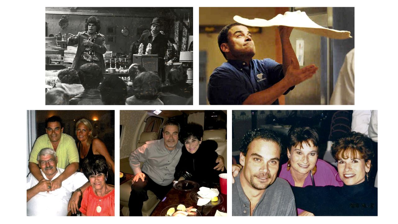 [Clockwise from top left]: Nelson conducting an auction as a teenager; tossing a pizza in the kitchen of his first Kalahari Resort in Wisconsin Dells; with his two sisters; with his mother Farlene; with his wife and his parents.