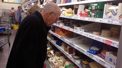 Milk and cheeses at a grocery store in Denmark.