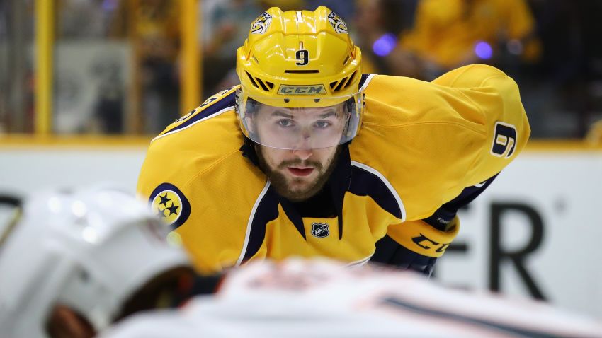 NASHVILLE, TN - MAY 18:  Filip Forsberg #9 of the Nashville Predators looks on during the first period against the Anaheim Ducks in Game Four of the Western Conference Final during the 2017 Stanley Cup Playoffs at Bridgestone Arena on May 18, 2017 in Nashville, Tennessee.  (Photo by Bruce Bennett/Getty Images)