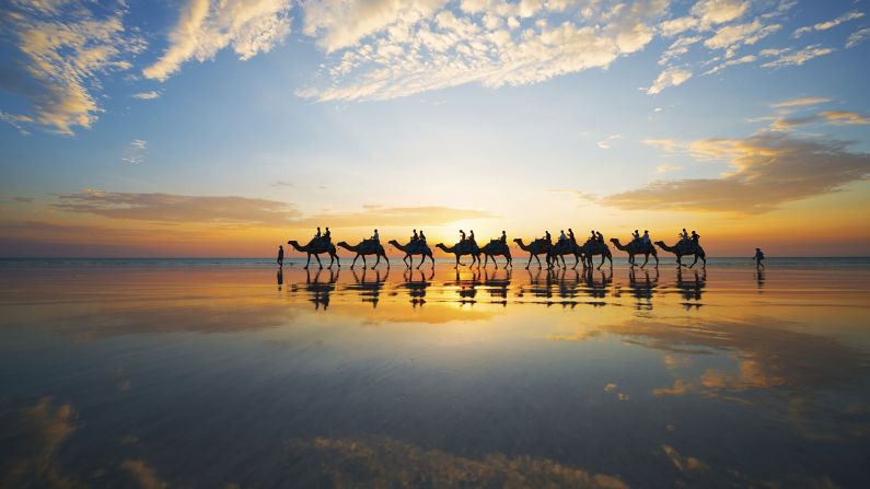 <strong>Cable Beach: </strong>With 22 kilometers of pure white sand and azure water, Western Australia's Cable Beach is bounded by dunes on one side and ochre-red cliffs on the other.  