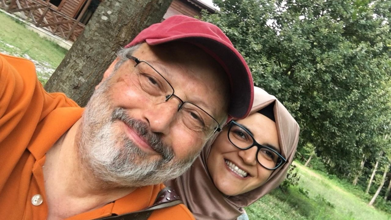 Journalist Jamal Khashoggi is pictured with his fiancee, Hatice Cengiz.