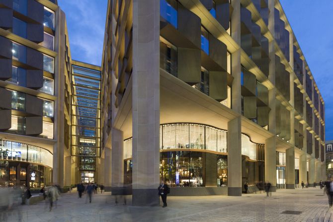 The Bloomberg Arcade, winner of the 2018 Stirling Prize, at night. The building is in the City of London, close to the Bank of England and St. Paul's Cathedral.