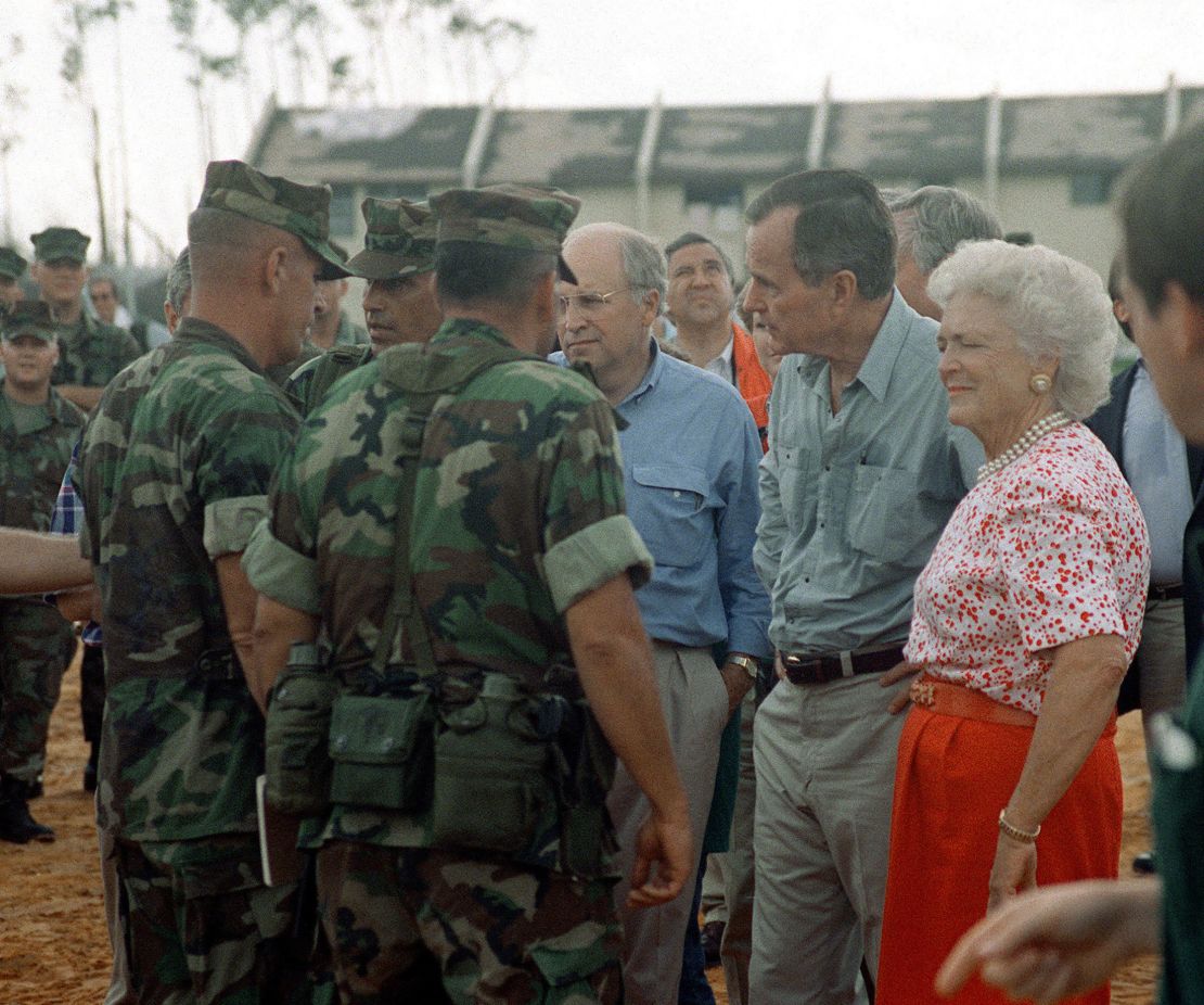 President George H. W. Bush, Barbara Bush and Secretary of Defense Richard Cheney visit with Marines taking part in the disaster relief efforts in the aftermath of Hurricane Andrew in Homestead, Florida on Sept. 1, 1992.