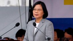Taiwan President Tsai Ing-wen delivers a speech during National Day celebrations in front of the Presidential Building in Taipei, Taiwan, Wednesday, Oct. 10, 2018. Tsai called on China Wednesday not to be a "source of conflict" and pledged to boost the island's defenses against Beijing's military threats. (AP Photo/Chiang Ying-ying)
