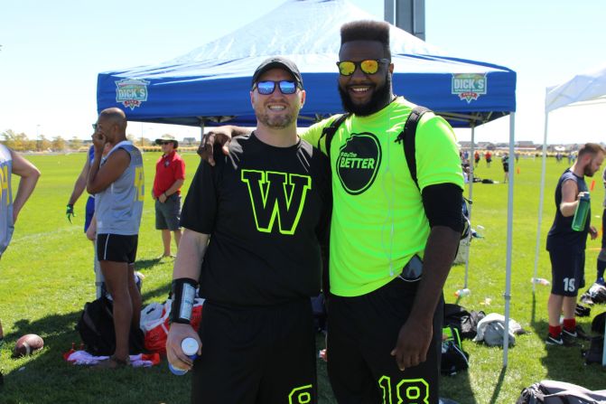 Former Columbia University quarterback Chris Allison (left) and American International College wide receiver Stephan Benjamin are two of the seven teammates with college football experience on the New York Warriors flag football team.
