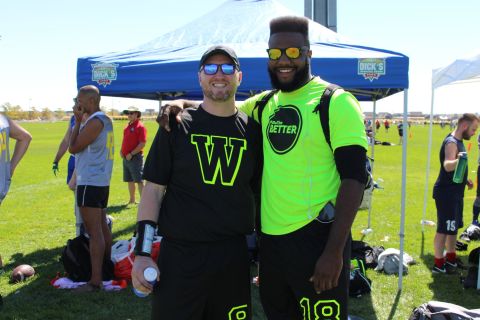 Former Columbia University quarterback Chris Allison (left) and American International College wide receiver Stephan Benjamin are two of the seven teammates with college football experience on the New York Warriors flag football team. 