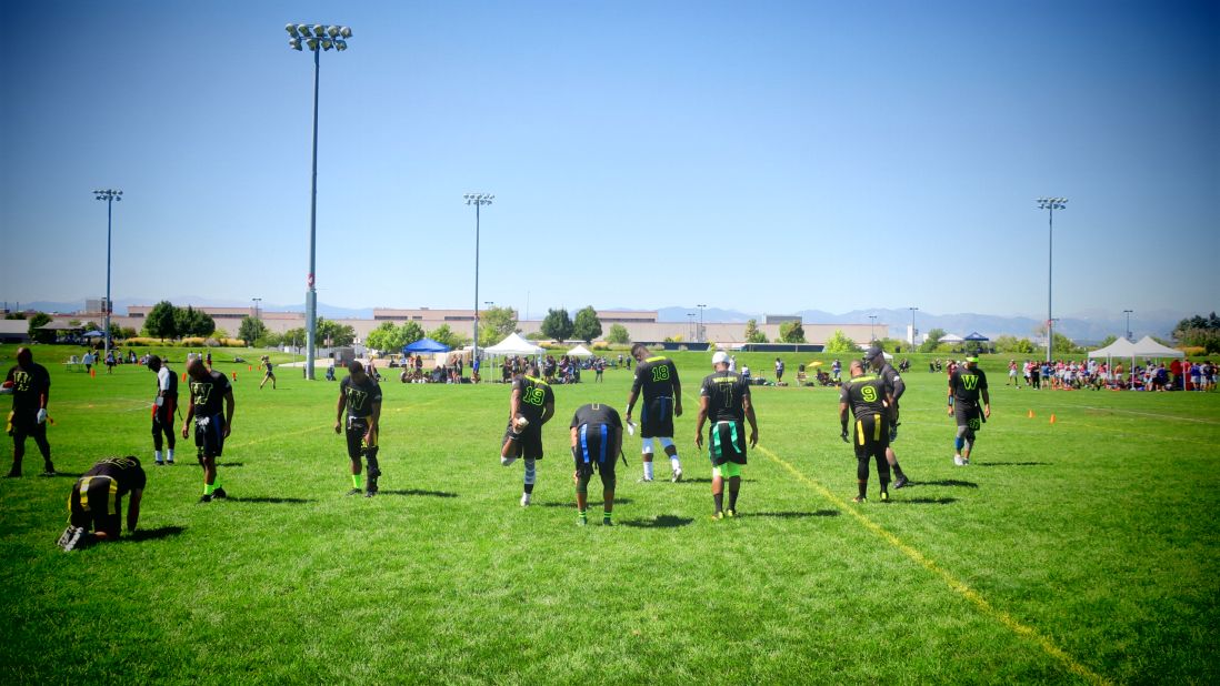 The New York Warriors stretch before their opening game at Gay Bowl XVIII, on September 14, 2018 in Denver, Colorado. 