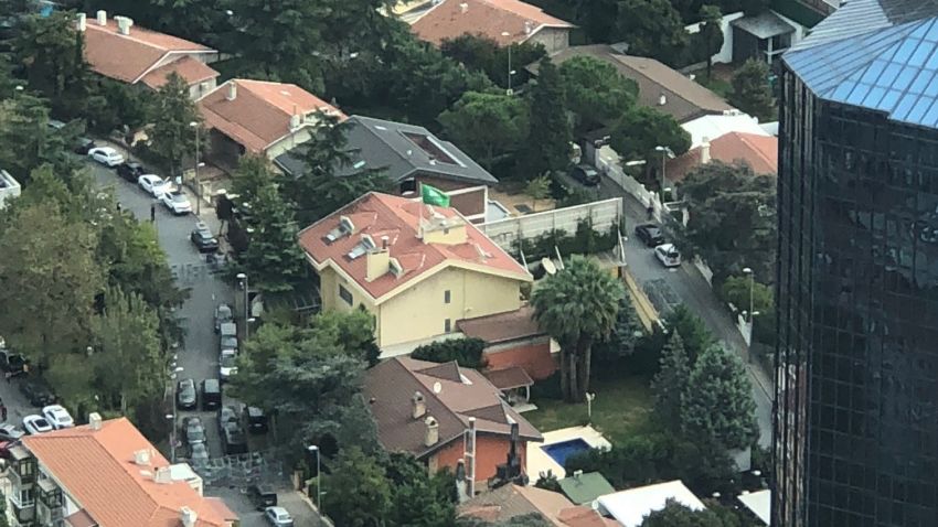 Stills shows an aerial shot of the Saudi consulate in Istanbul snapped by CNNís producer Isil Sariyuce on Oct 9th. The yellow small building with flag is consulate