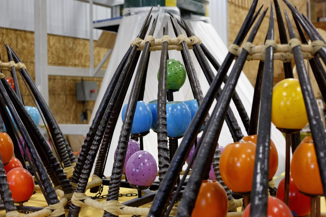Ostrich egg-themed chandeliers inside the Kalahari workshop where props are made.