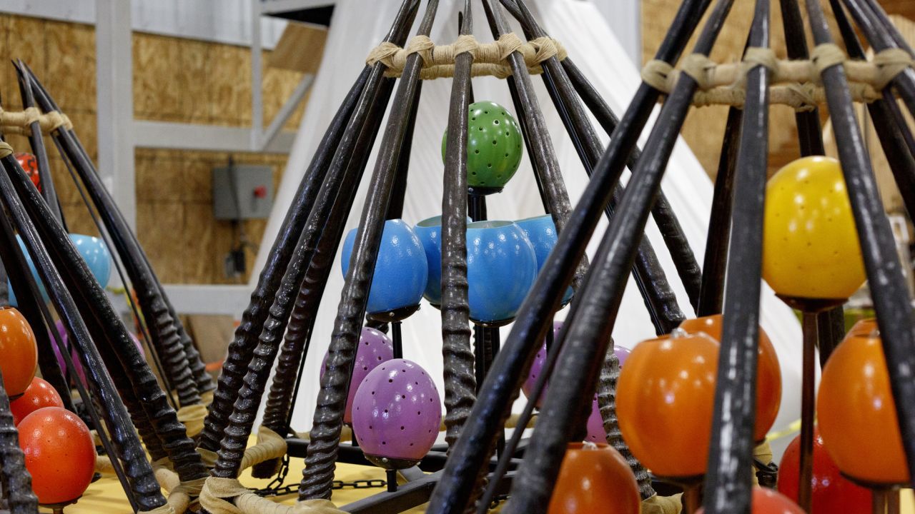 Ostrich egg-themed chandeliers inside the Kalahari workshop where props are made.