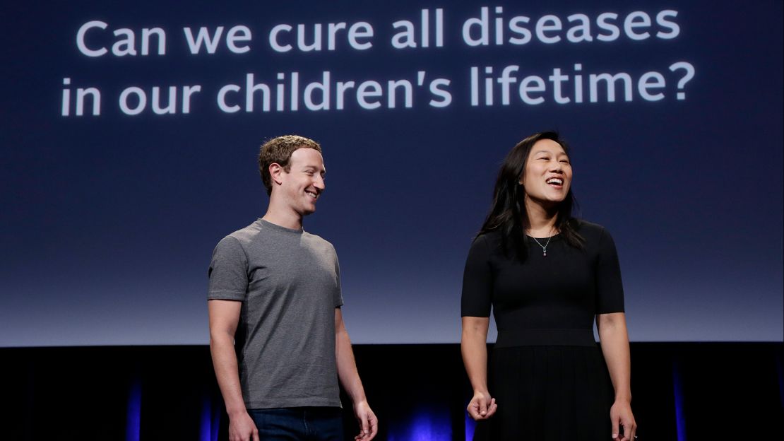 Mark Zuckerberg and Priscilla Chan in 2016 as they rehearse for a speech in San Francisco.