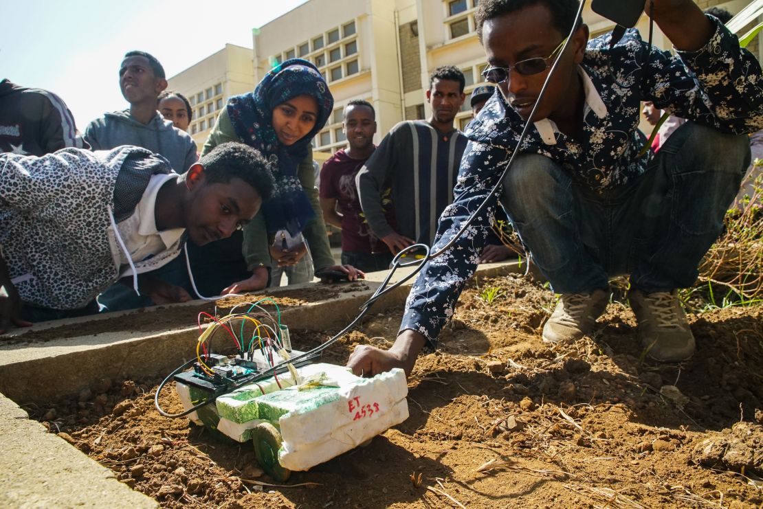 "Solve IT" students test their AI tractor at Mekele University in Ethiopia's far north. Image: Thomas Lewton. 