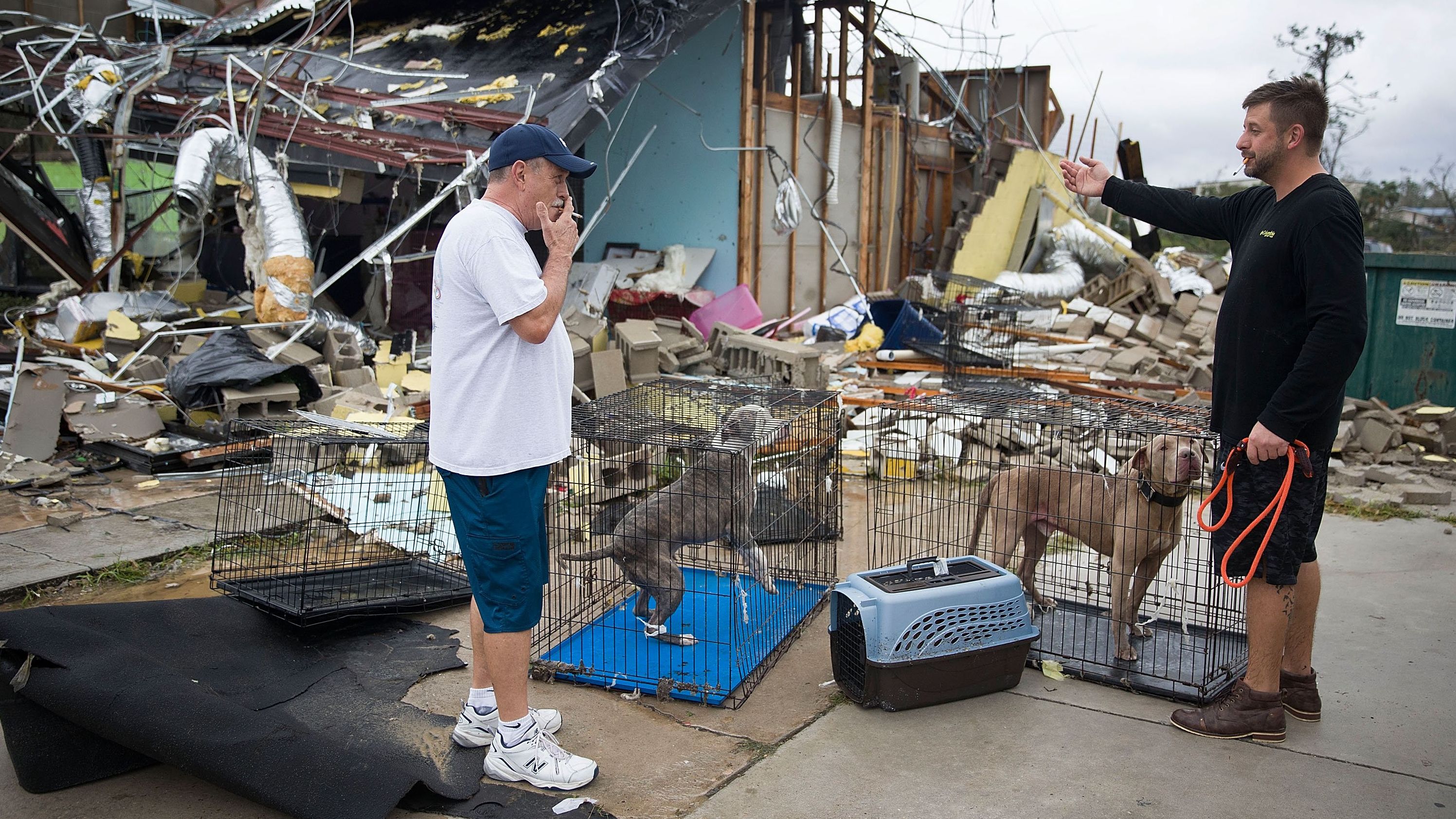 Rick Tesk, left, helps a business owner rescue his dogs from a damaged business in Panama City.