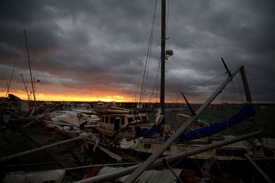 Boats are left damaged in a Panama City marina on October 10.