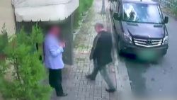 Closed Circuit TV footage shows Saudi journalist Jamal Khashoggi entering the Saudi consulate in Istanbul before disappearing.  The face of the other man picutred as well as the license plate on the car were blurred by CNN.