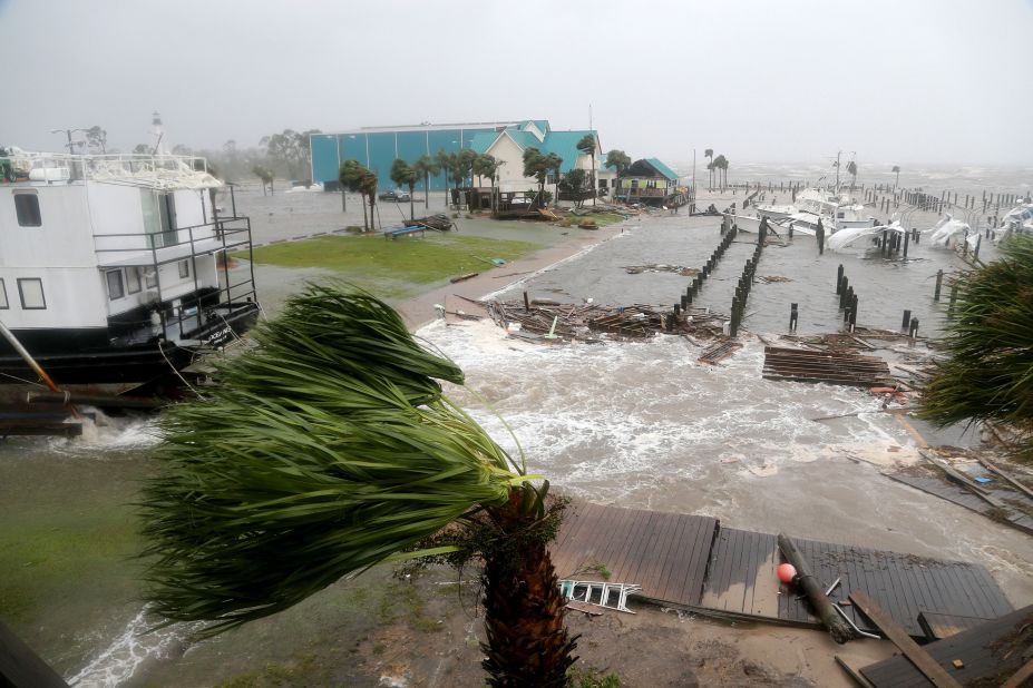 Boats are damaged at the Port St. Joe Marina in the Florida Panhandle.