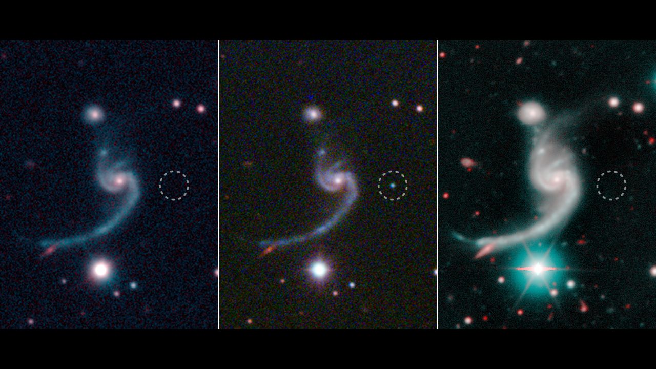 These three panels reveal a supernova before, during and after it happened 920 million light-years from Earth(from left to right). The supernova, dubbed iPTF14gqr, is unusual because although the star was massive, its explosion was quick and faint. Researchers believe this is due to a companion star that siphoned away its mass.