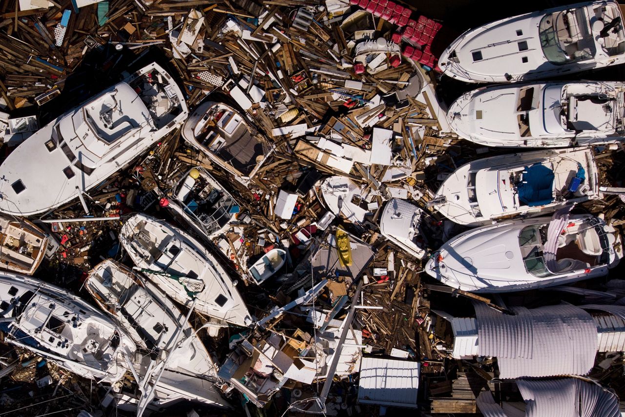 Storm-damaged boats are piled up in Panama City on October 11.