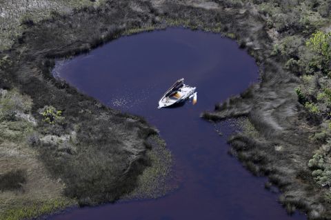 An aerial photo shows a destroyed boat in Mexico Beach on October 11. 