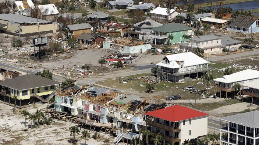MEXICO BEACH, FLORIDA - OCTOBER 11: Homes destroyed by Hurricane Michael are shown from the air October 11, 2018 in Mexico Beach, Florida. At least seven deaths have been attributed to Michael, the most powerful hurricane on record to hit Florida's Panhandle, with 155-mph sustained winds.  (Photo by Chris O'Meara-Pool/Getty Images)