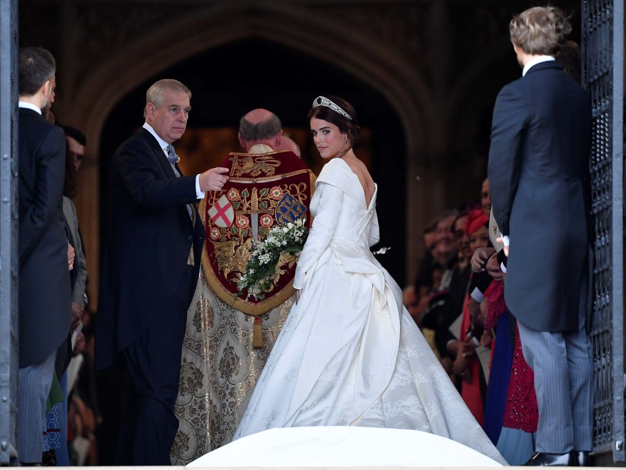 Princess Eugenie enters St George's Chapel with her father Prince Andrew, Duke of York, for her wedding to Jack Brooksbank.