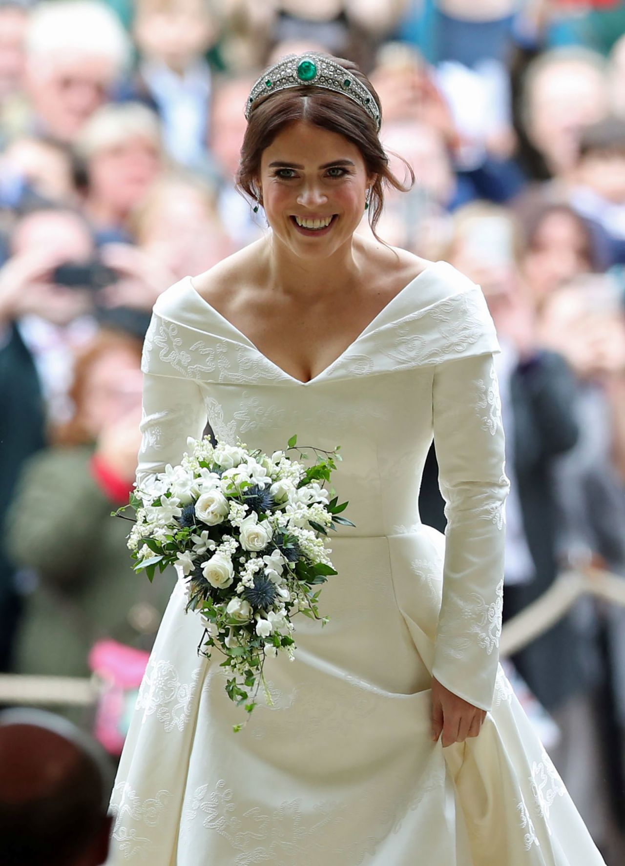 Princess Eugenie arrives for her wedding to Jack Brooksbank wearing the Greville Emeral tiara.