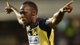 Olympic sprinter Usain Bolt celebrates scoring a goal for A-League football club Central Coast Mariners in his first competitive start for the club against Macarthur South West United in Sydney on October 12, 2018. (Photo by PETER PARKS / AFP) / -- IMAGE RESTRICTED TO EDITORIAL USE - STRICTLY NO COMMERCIAL USE --        (Photo credit should read PETER PARKS/AFP/Getty Images)