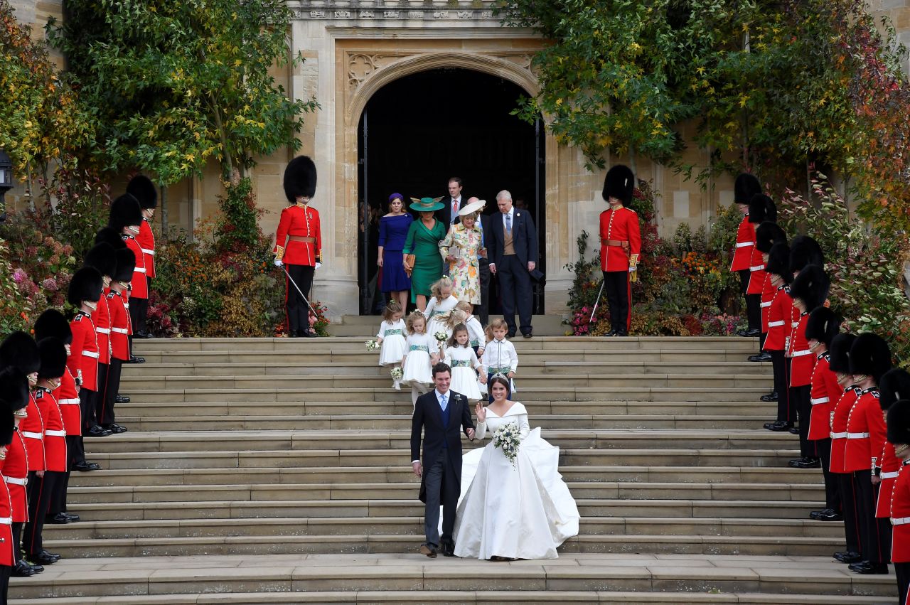 Princess Eugenie and Jack Brooksbank leave St. George's Chapel after their wedding.