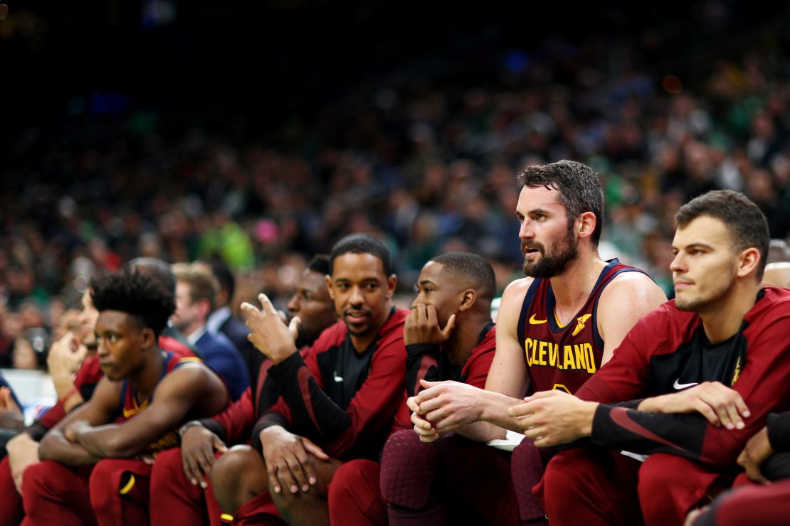 Kevin Love (second from right) went from team leader on the Minnesota Timberwolves to third option in Cleveland behind LeBron James and Kyrie Irving. He returns as the Cavalier's veteran voice and top scorer.
