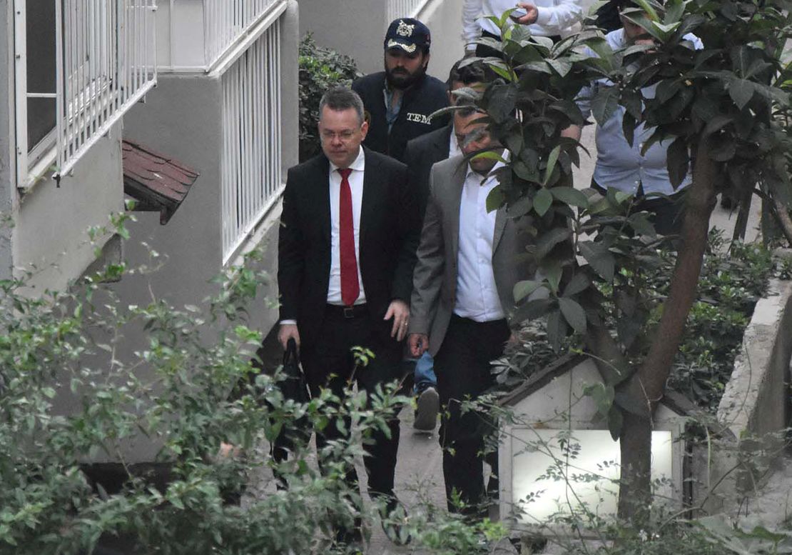 Andrew Brunson arrives back at his home in Izmir, Turkey, after his trial on Friday. 