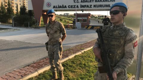 Turkish security officers outside the courthouse in Aliaga, Turkey, on Friday. 