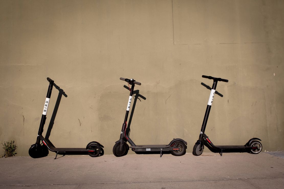 Bird scooters rest on a sidewalk in San Diego. (Frank Duenzl/picture-alliance/dpa/AP Images)