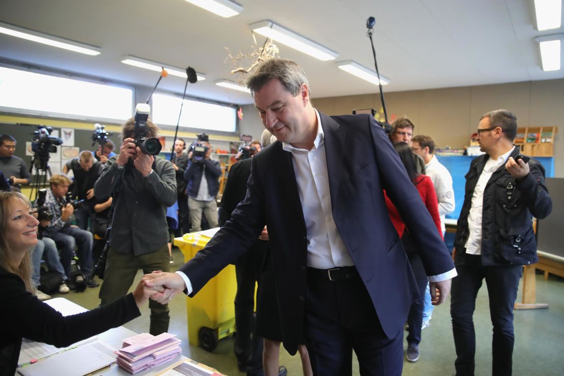 Bavarian Governor Markus Soeder of the Christian Social Union (CSU) casting his vote in Nuremberg, Germany on Sunday.