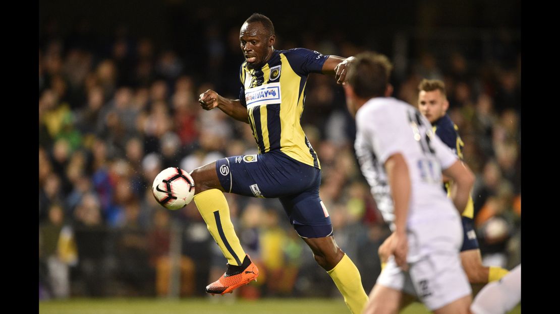 Olympic sprinter Usain Bolt is seen playing for A-League football club Central Coast Mariners in his first competitive start for the club in Sydney on October 12, 2018.