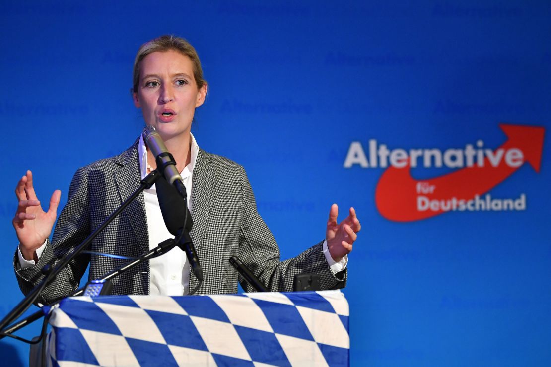 Alice Weidel of the right-wing Alternative for Germany (AfD) speaking to supporters after exit poll results Sunday in Mamming, Germany.