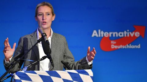 Alice Weidel of the right-wing Alternative for Germany (AfD) speaking to supporters after exit poll results Sunday in Mamming, Germany.