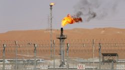 Flames are seen at the production facility of Saudi Aramco's Shaybah oilfield in the Empty Quarter, Saudi Arabian on May 22, 2018.