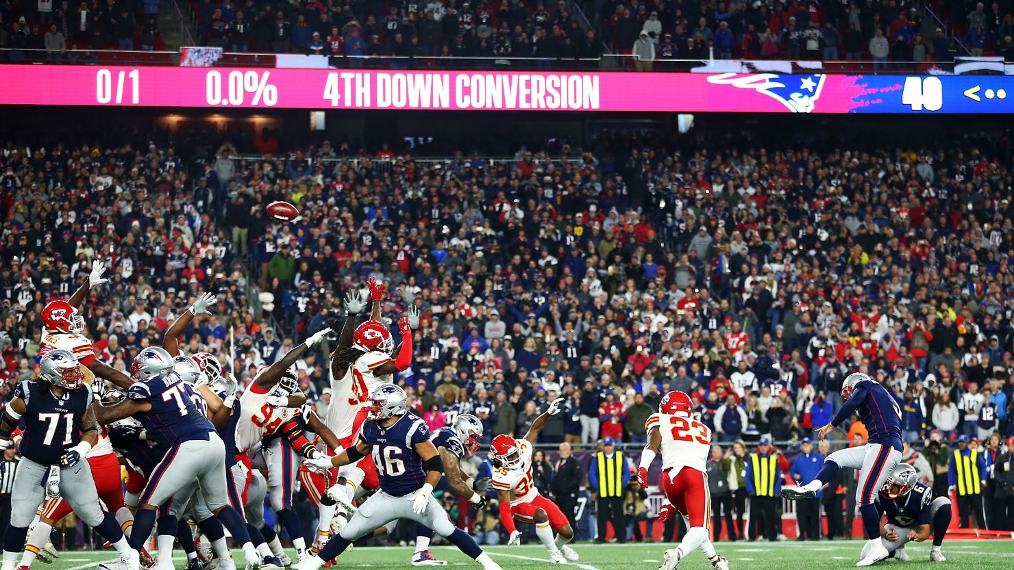 FOXBOROUGH, MA - OCTOBER 14:  Stephen Gostkowski #3 of the New England Patriots kicks the game-ending field goal to give the New England Patriots the win over the Kansas City Chiefs at Gillette Stadium on October 14, 2018 in Foxborough, Massachusetts.  (Photo by Adam Glanzman/Getty Images)