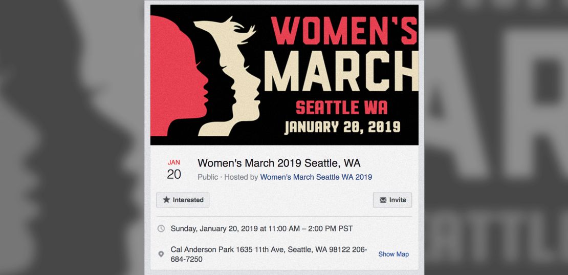 One of the fake Women's March events posted to Facebook that promoted the wrong date for January's march. The event has since been removed