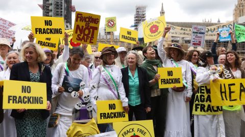 Women from the Lancashire anti-fracking movement dressed as suffragettes to protest fracking in the UK.