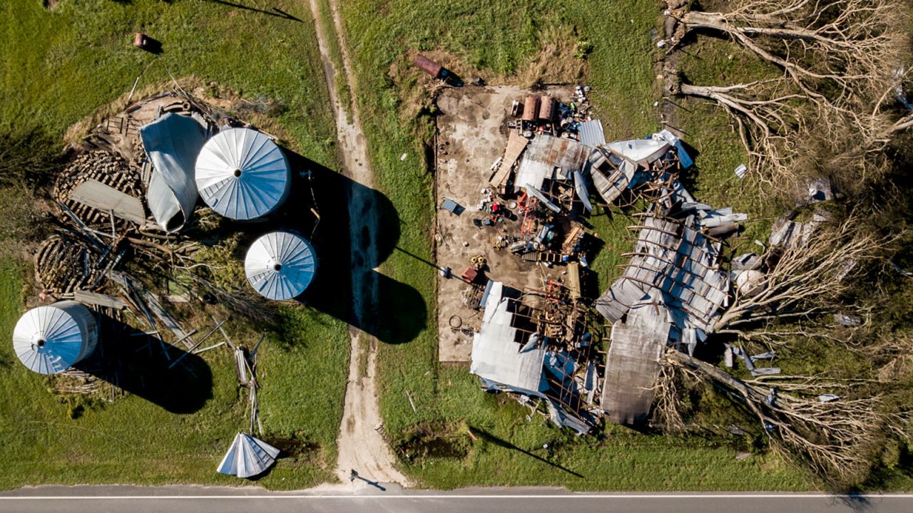Even inland, Michael blasted a path of destruction. Farm silos and a flattened roadside structure are seen near Blounstown, Florida, on Friday, October 12.