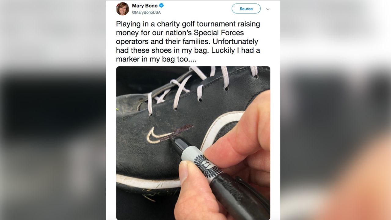 Mary Bono's recent tweet showed her blacking out the Nike logo on her shoes.