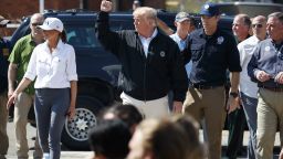 President Donald Trump and first lady Melania Trump tour areas affected by Hurricane Michael, Monday, Oct. 15, 2018, in Lynn Haven, Fla. (AP Photo/Evan Vucci)