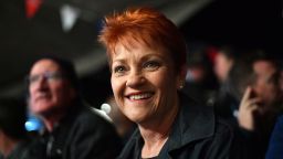 One Nation Senator Pauline Hanson smiles in the Fred Brophy boxing tent at the Birdsville Races in the Queensland town of Birdsville on August 31, 2018. - The annual Birdsville races in Outback Queensland attracts thousands of people to the remote town and is a major source of tourist revenue. (Photo by Saeed KHAN / AFP) / -- IMAGE RESTRICTED TO EDITORIAL USE - STRICTLY NO COMMERCIAL USE --        (Photo credit should read SAEED KHAN/AFP/Getty Images)