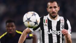 Juventus' defender from Italy Giorgio Chiellini watches the ball during the UEFA Champions League round of sixteen first leg football match between Juventus and Tottenham Hotspur at The Allianz Stadium in Turin on February 13, 2018.  / AFP PHOTO / Marco BERTORELLO        (Photo credit should read MARCO BERTORELLO/AFP/Getty Images)