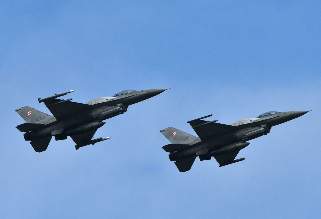 Polish F-16 fighter jets during air force exercises.