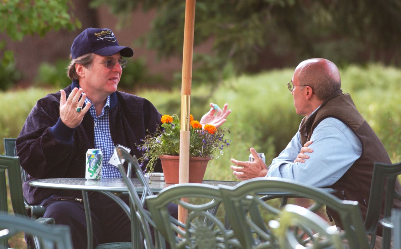 Paul Allen, left, talks with Jeffrey Katzenberg of DreamWorks outside the Inn in the Sun Valley resort during the Allen & Co conference in Sun Valley, Idaho on July 9, 2004.